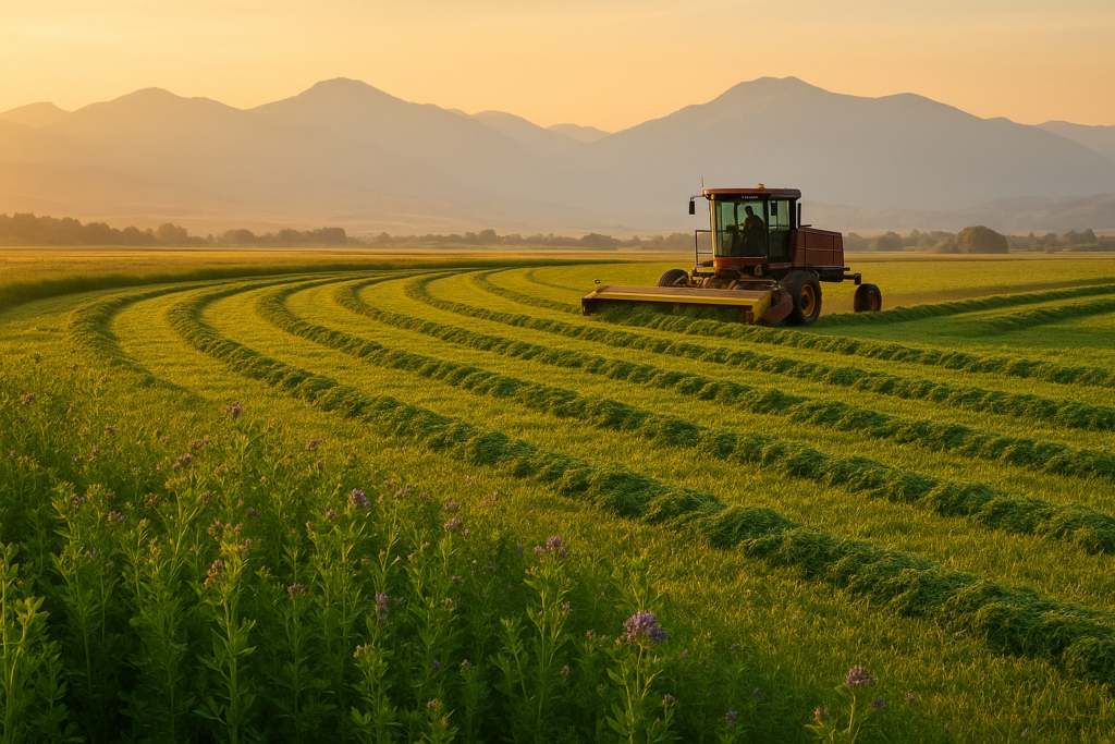 Fresh green windrows of newly cut alfalfa hay lying across an irrigated Montana meadow at dusk with mountains in the distance