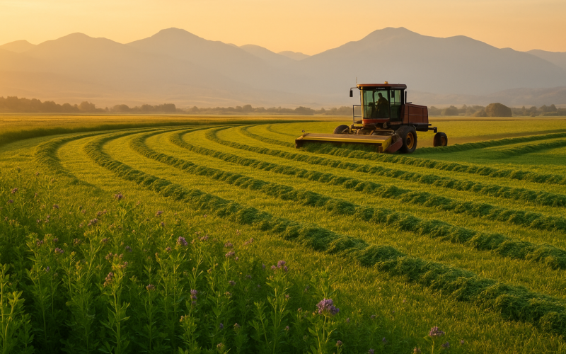 Fresh green windrows of newly cut alfalfa hay lying across an irrigated Montana meadow at dusk with mountains in the distance