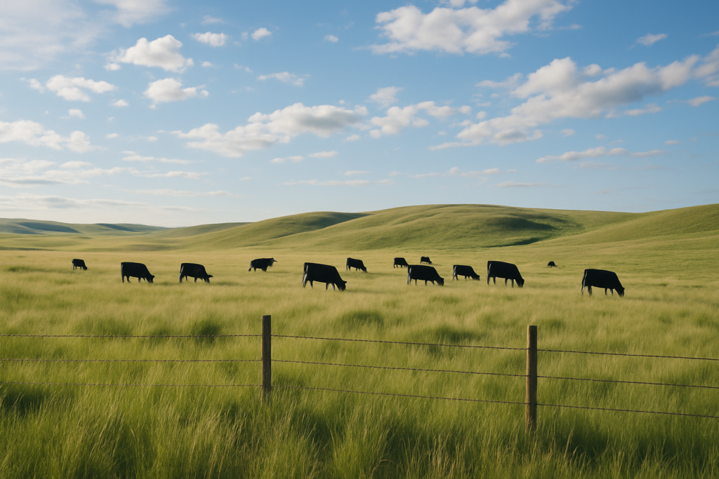 Black cattle grazing across green Montana bunchgrass hills in early summer with a fence dividing two pastures under a wide sky