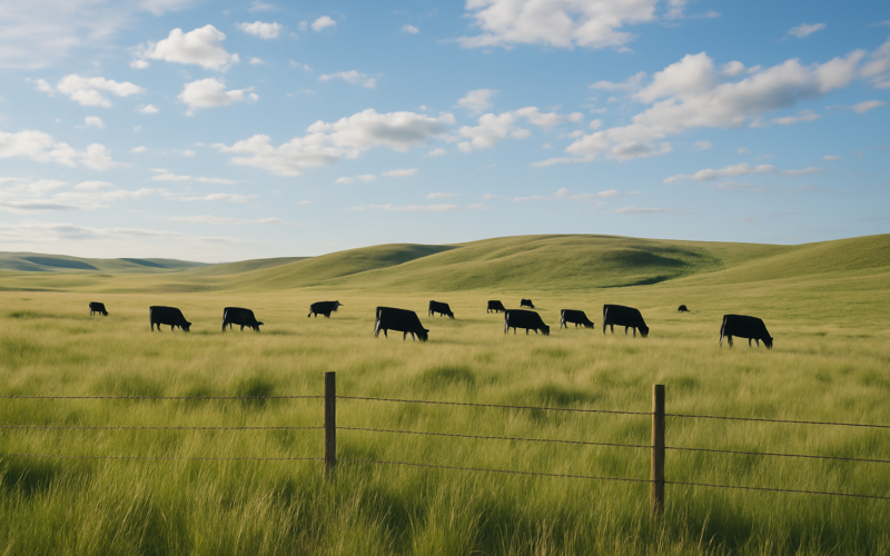 Black cattle grazing across green Montana bunchgrass hills in early summer with a fence dividing two pastures under a wide sky