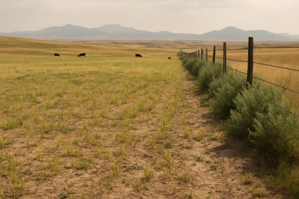 A short, drought-stressed field of oat greenfeed with weeds along the fence and cattle grazing under a hazy Montana sky