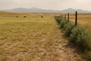 A short, drought-stressed field of oat greenfeed with weeds along the fence and cattle grazing under a hazy Montana sky