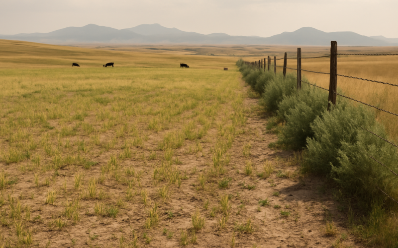 A short, drought-stressed field of oat greenfeed with weeds along the fence and cattle grazing under a hazy Montana sky