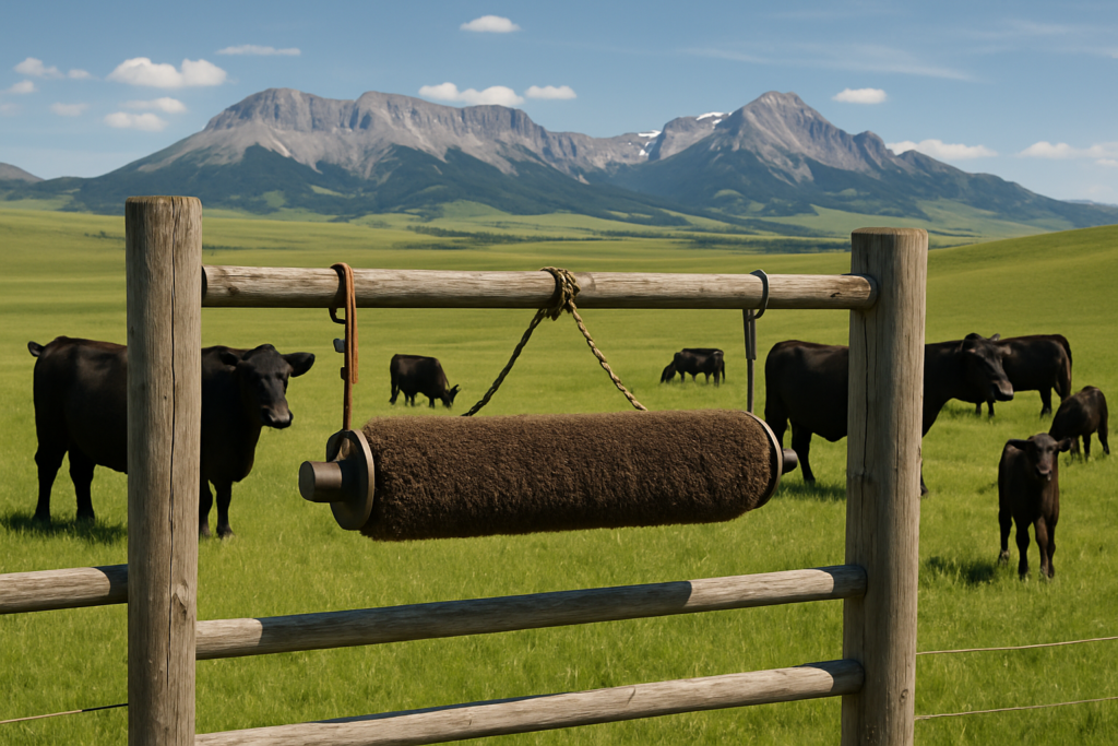 Black cattle grazing a green Montana pasture near a back-rubber fly control device hung across a wooden gate, with mountains in the distance