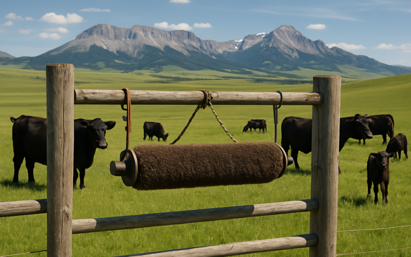 Black cattle grazing a green Montana pasture near a back-rubber fly control device hung across a wooden gate, with mountains in the distance