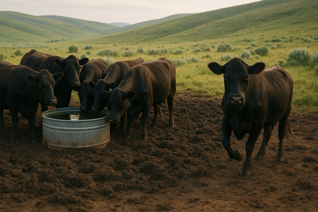 Cattle gathered on muddy ground around a stock tank on Montana summer range, with one cow standing apart favoring a hind foot
