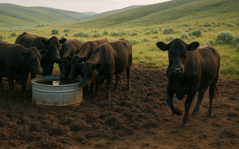 Cattle gathered on muddy ground around a stock tank on Montana summer range, with one cow standing apart favoring a hind foot