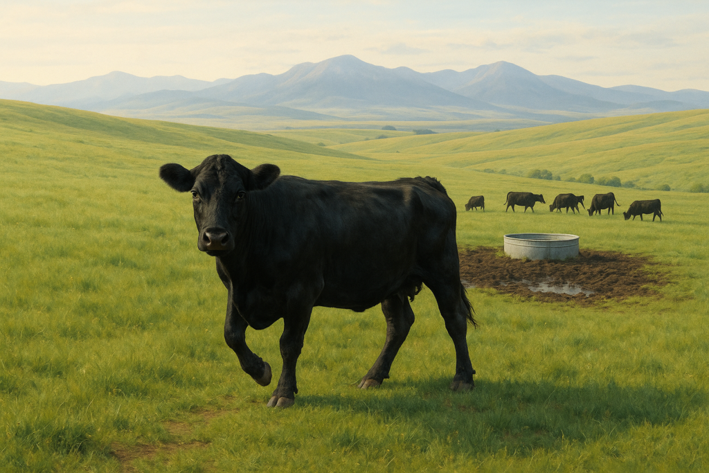 A single black cow standing lame and apart from the herd on a green Montana summer pasture near a muddy stock tank