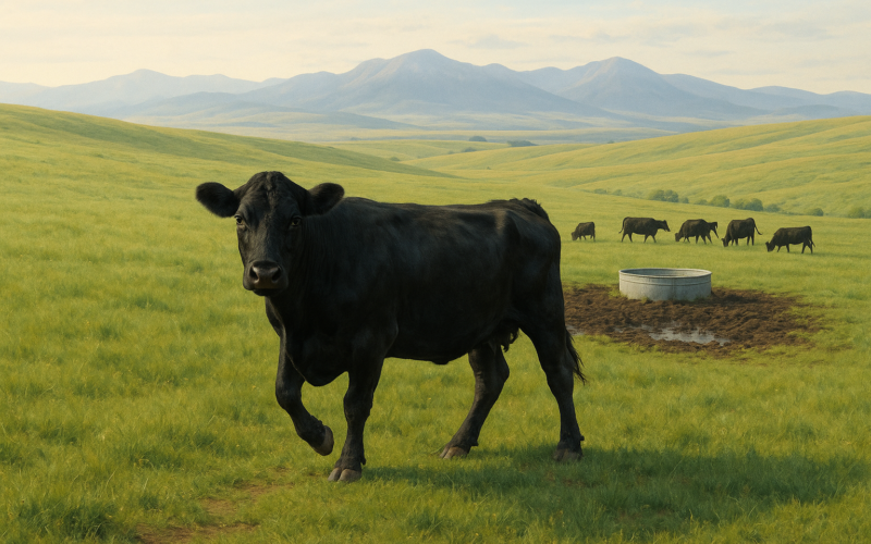 A single black cow standing lame and apart from the herd on a green Montana summer pasture near a muddy stock tank
