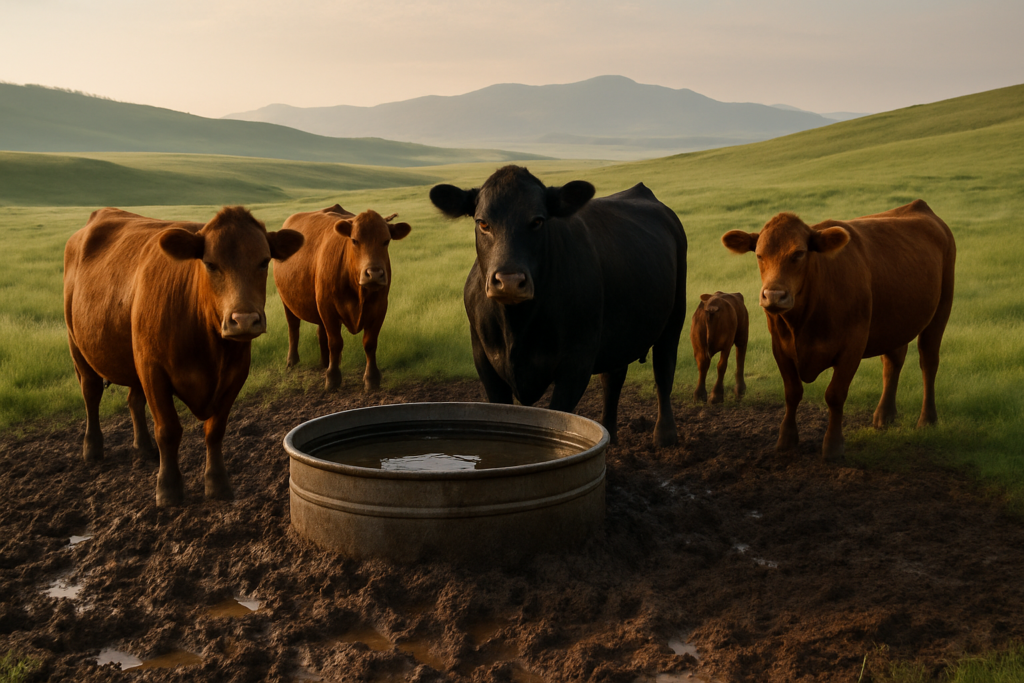 Beef cattle standing on churned muddy ground around a stock tank on a green Montana summer pasture
