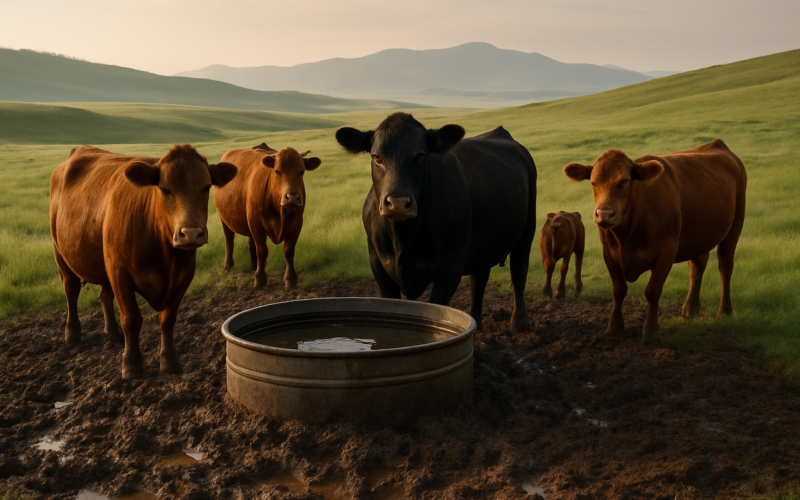 Beef cattle standing on churned muddy ground around a stock tank on a green Montana summer pasture