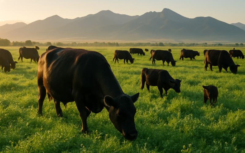Black cattle grazing a thick green alfalfa and clover pasture in Montana with mountains in the distance on an early summer morning