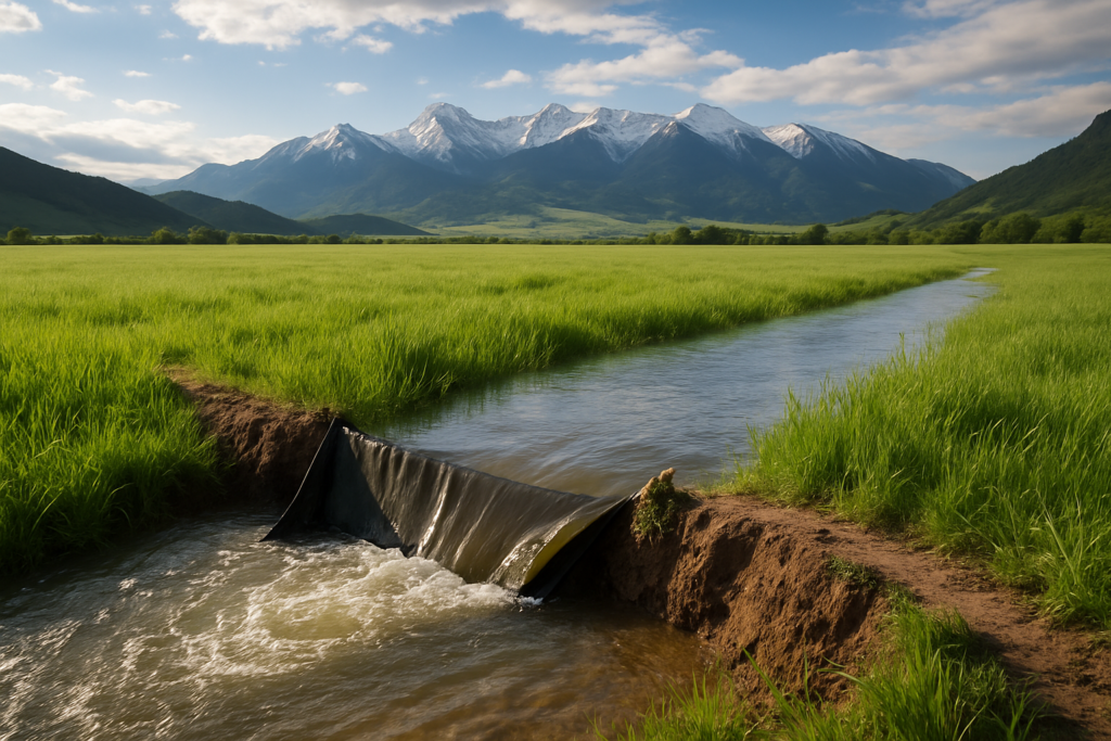Water spreading across a green Montana hay meadow from an irrigation ditch with mountains in the background