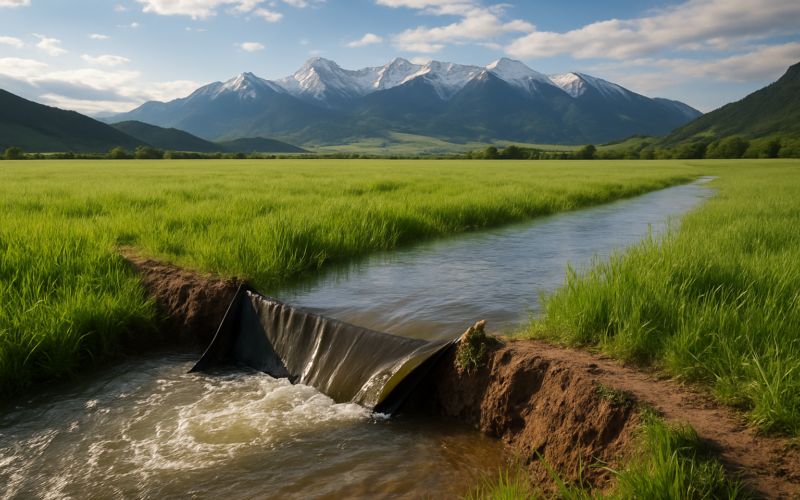 Water spreading across a green Montana hay meadow from an irrigation ditch with mountains in the background