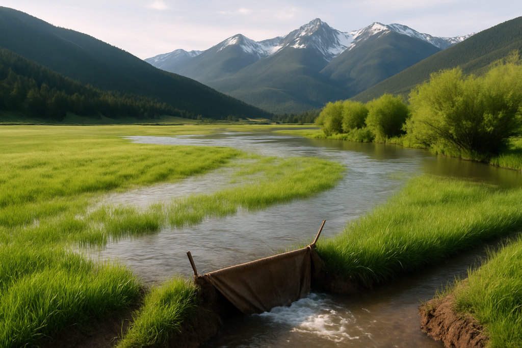 Water spreading in a thin sheet across a green flood-irrigated hay meadow in a Montana valley with mountains behind