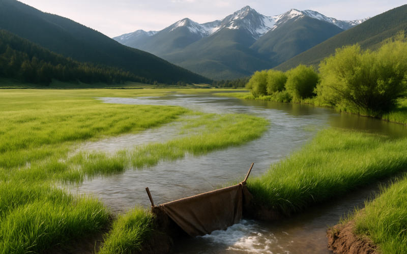 Water spreading in a thin sheet across a green flood-irrigated hay meadow in a Montana valley with mountains behind