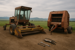 A swather and round baler parked in a Montana ranch yard being serviced before first-cutting hay, with a cut field and foothills behind