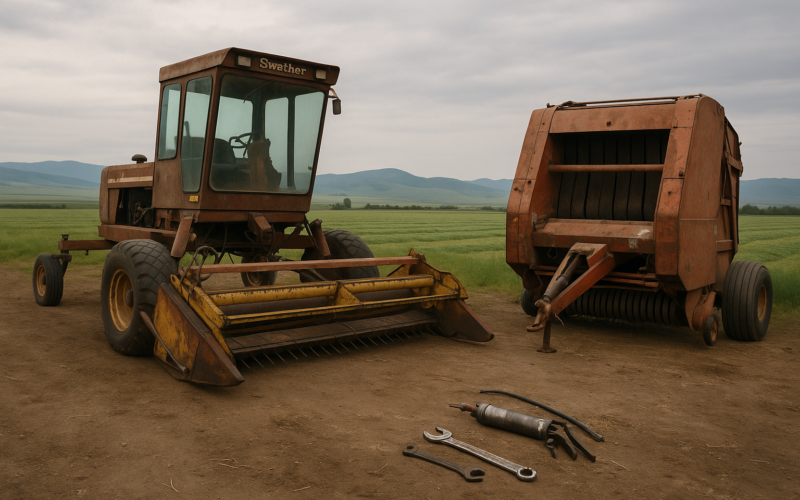 A swather and round baler parked in a Montana ranch yard being serviced before first-cutting hay, with a cut field and foothills behind