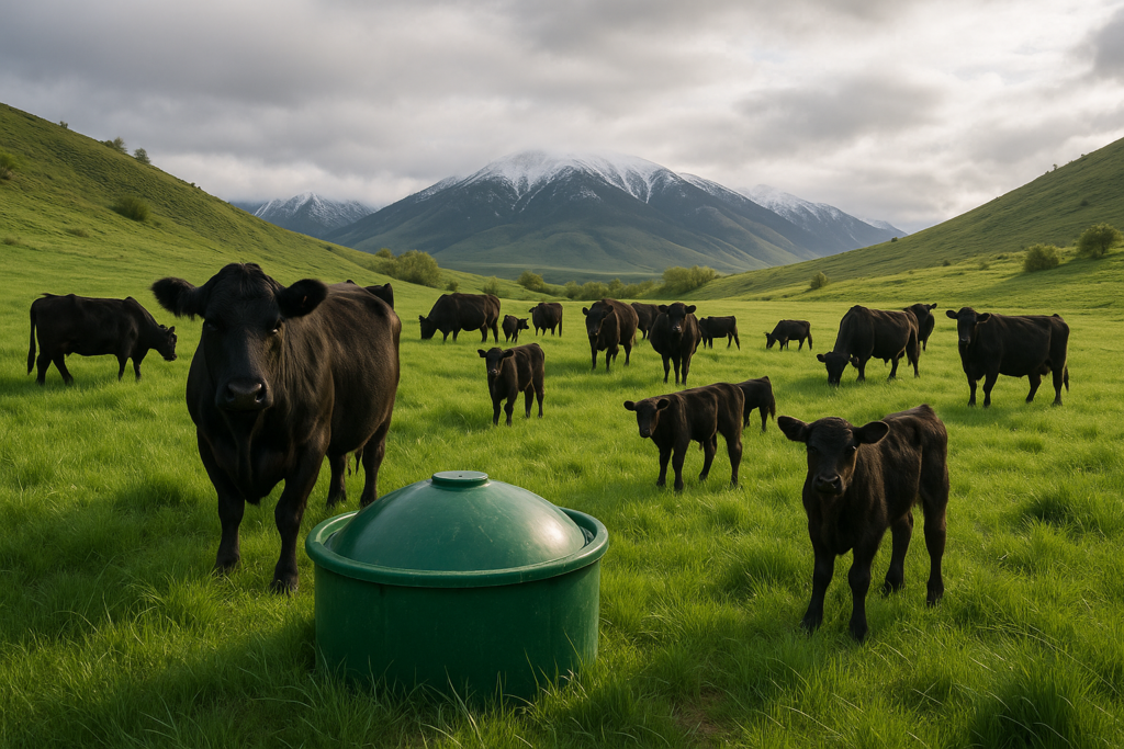 Black cows and calves grazing lush green Montana spring pasture near a mineral feeder with foothills in the background