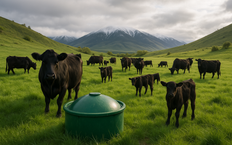 Black cows and calves grazing lush green Montana spring pasture near a mineral feeder with foothills in the background