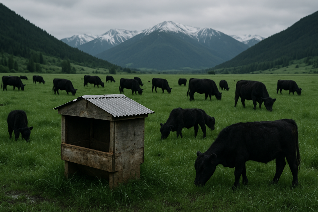 Black cows grazing lush green early-summer pasture in a Montana mountain valley with a mineral feeder in the foreground
