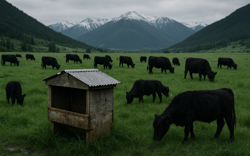 Black cows grazing lush green early-summer pasture in a Montana mountain valley with a mineral feeder in the foreground