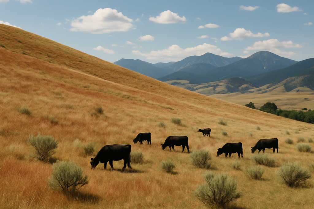 Black cattle grazing a Montana foothill pasture where cheatgrass is starting to cure to a reddish color