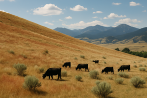 Black cattle grazing a Montana foothill pasture where cheatgrass is starting to cure to a reddish color