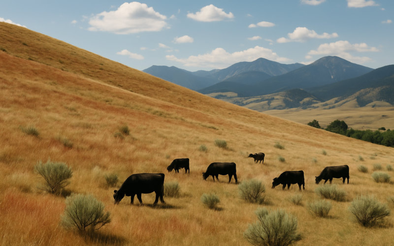 Black cattle grazing a Montana foothill pasture where cheatgrass is starting to cure to a reddish color