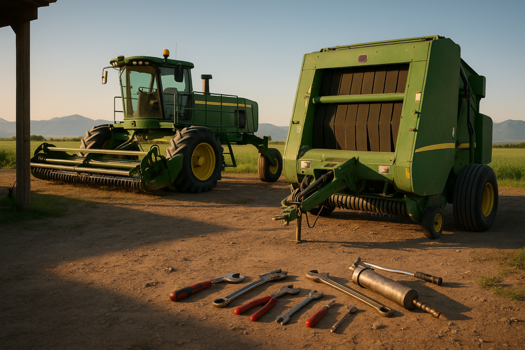 A swather and round baler in a Montana ranch yard being serviced before first cutting, with an alfalfa field and mountains behind