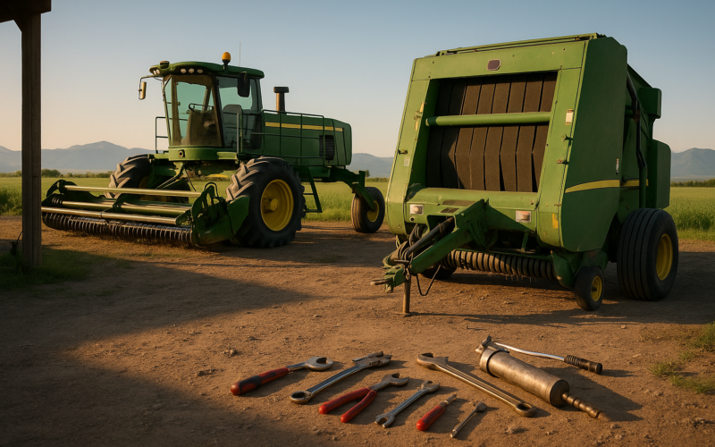 A swather and round baler in a Montana ranch yard being serviced before first cutting, with an alfalfa field and mountains behind