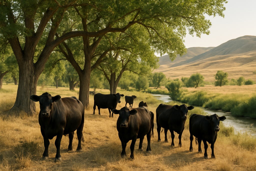 Black cattle resting in cottonwood shade beside a creek on a hot Montana summer morning