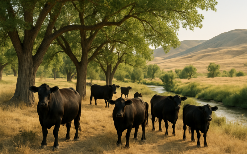 Black cattle resting in cottonwood shade beside a creek on a hot Montana summer morning