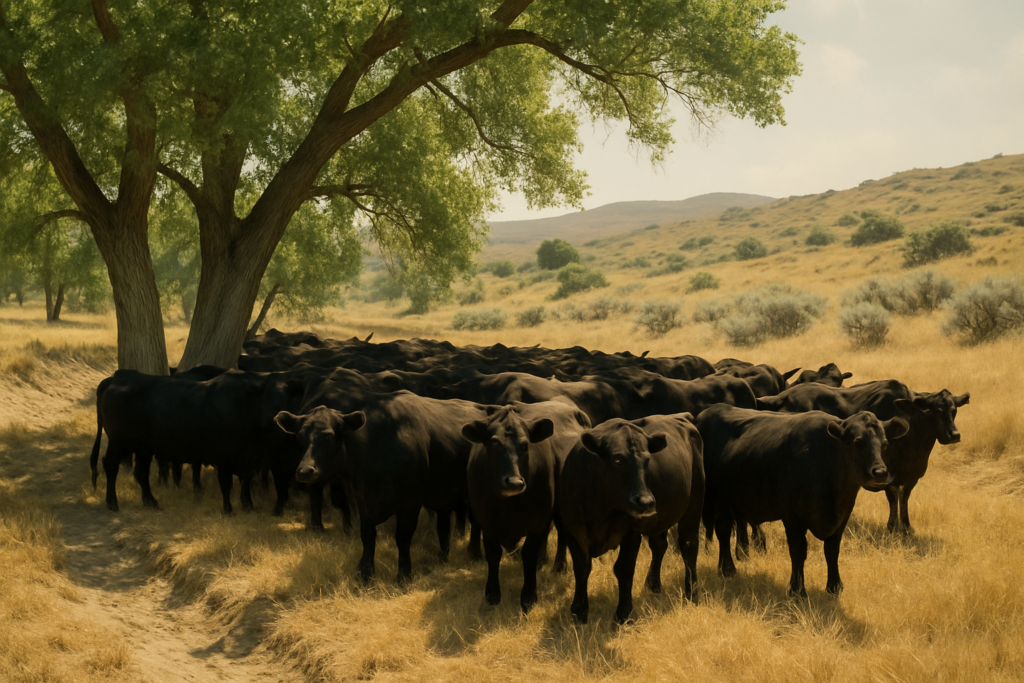 Black cattle crowding into cottonwood shade along a dry creek bottom on Montana summer range during a hot afternoon
