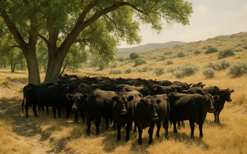 Black cattle crowding into cottonwood shade along a dry creek bottom on Montana summer range during a hot afternoon