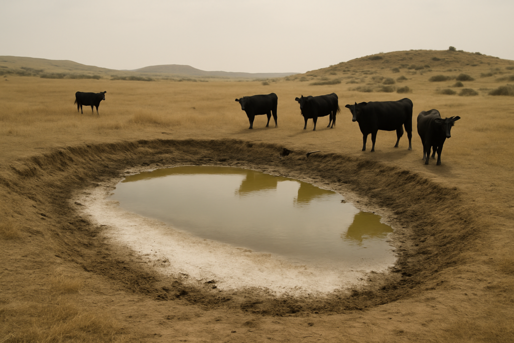 Cattle standing near a low, alkali-crusted stock dugout on dry Montana prairie in late summer