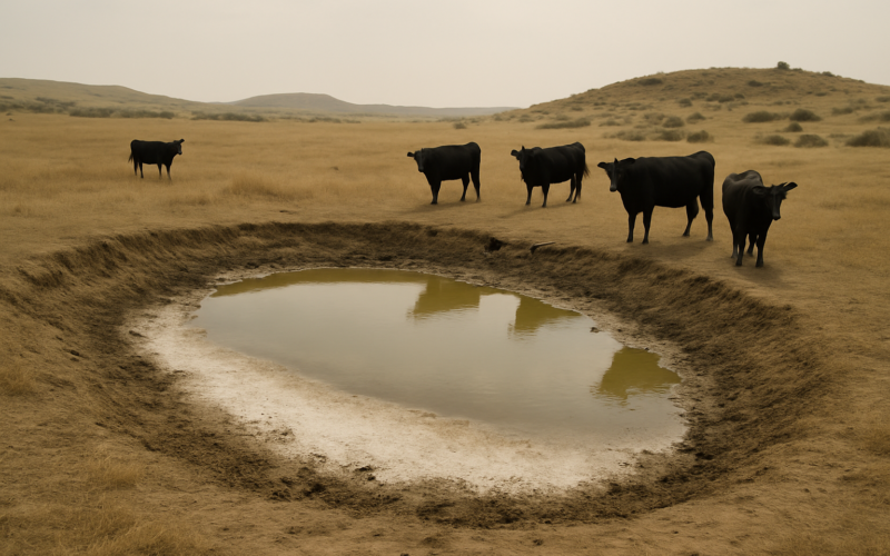 Cattle standing near a low, alkali-crusted stock dugout on dry Montana prairie in late summer