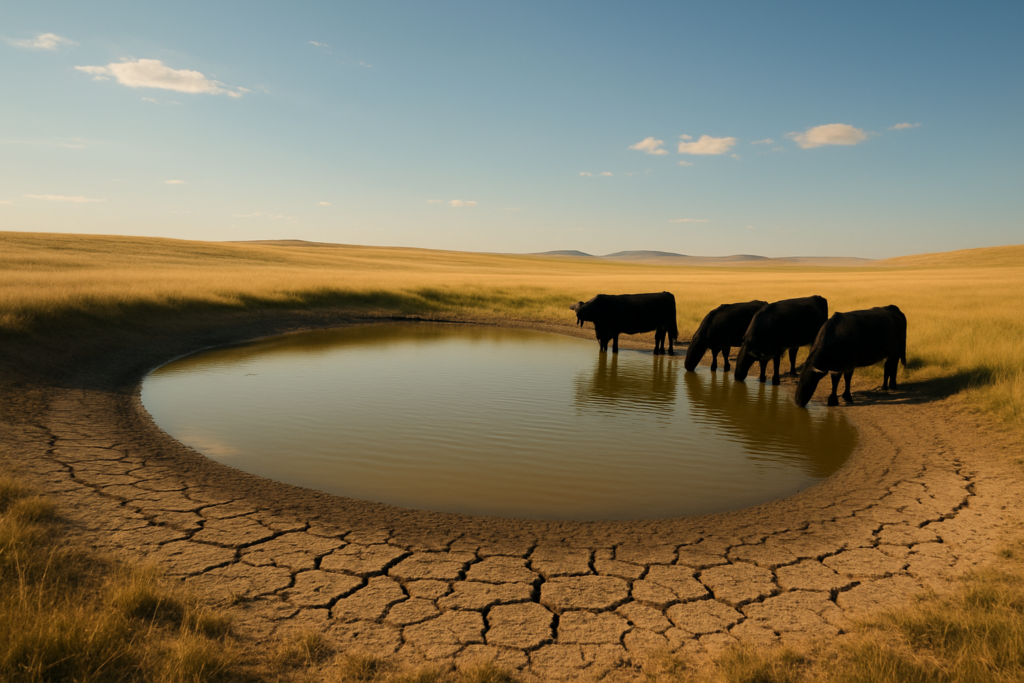 Beef cattle drinking from a low summer stock pond ringed by dried, cracked mud on Montana rangeland