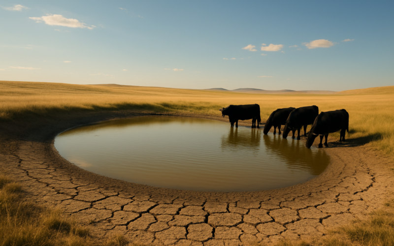 Beef cattle drinking from a low summer stock pond ringed by dried, cracked mud on Montana rangeland