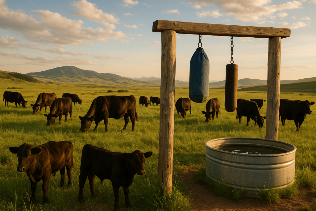 Black cattle grazing summer Montana range near a stock tank with a cattle rubber hung across a gate for fly control