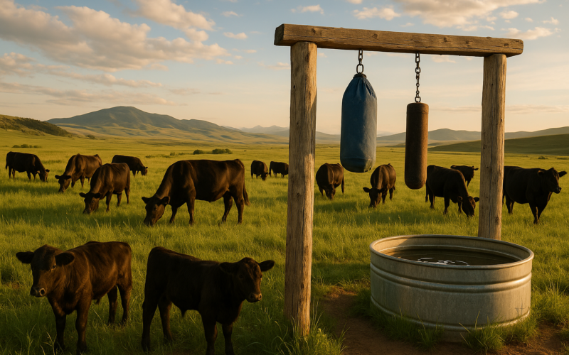 Black cattle grazing summer Montana range near a stock tank with a cattle rubber hung across a gate for fly control