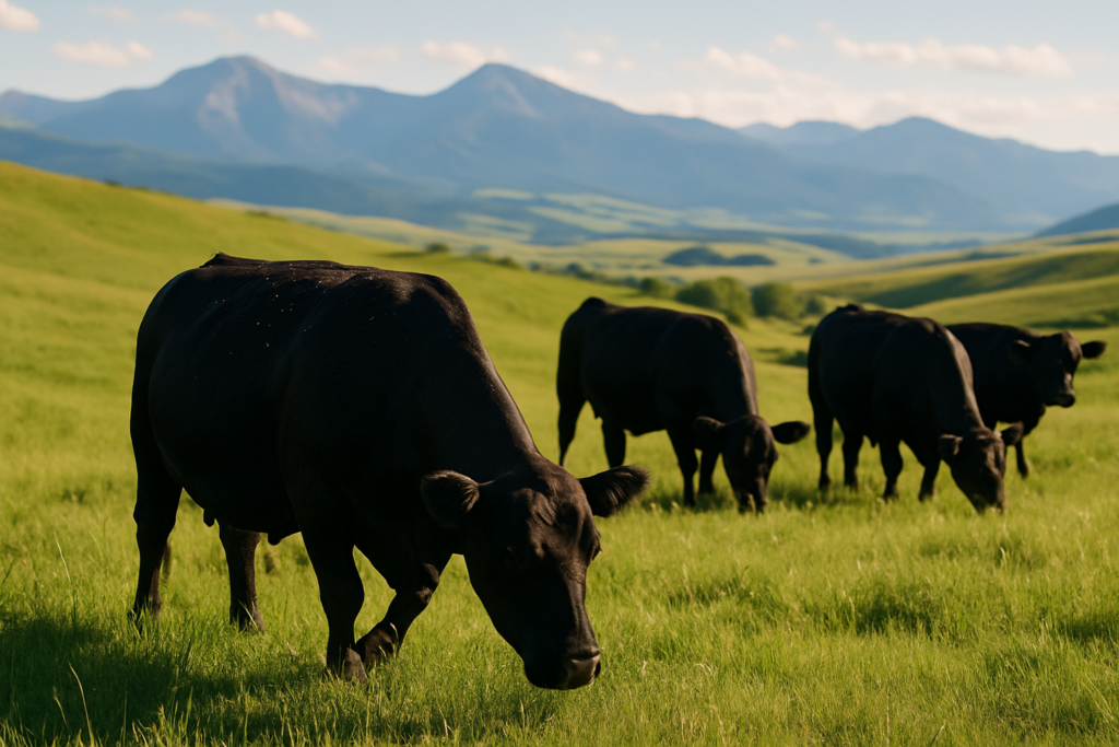 Black cattle grazing on a green Montana summer pasture with foothills and mountains behind them