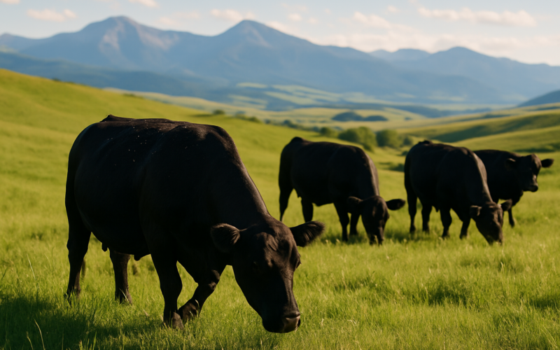 Black cattle grazing on a green Montana summer pasture with foothills and mountains behind them