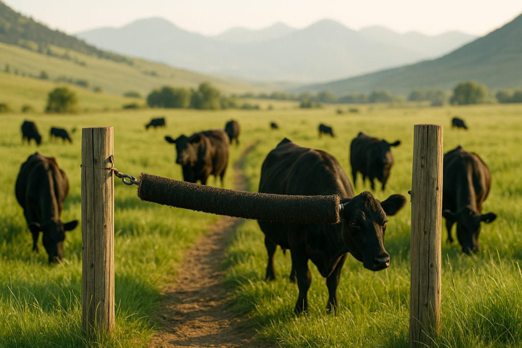 Black cattle grazing summer Montana pasture near a hanging back-rubber fly control device between wooden posts