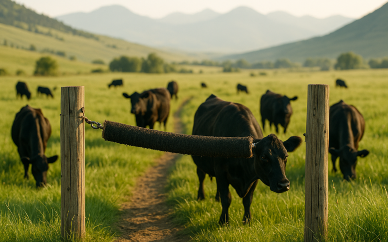 Black cattle grazing summer Montana pasture near a hanging back-rubber fly control device between wooden posts