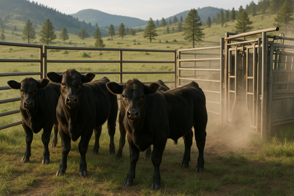 Black calves in a portable corral on green Montana rangeland with foothills behind on an early summer morning