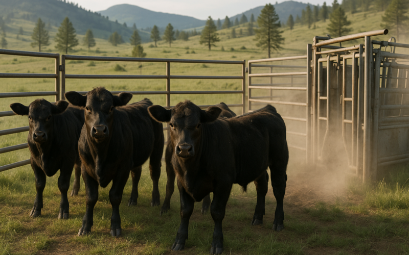 Black calves in a portable corral on green Montana rangeland with foothills behind on an early summer morning