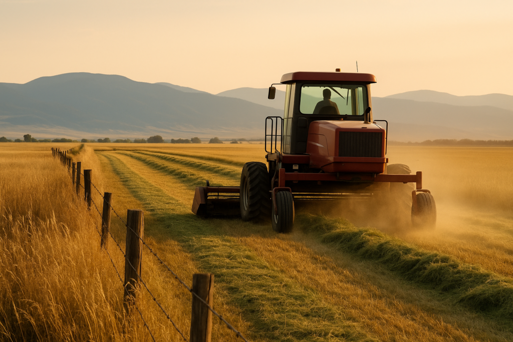 A swather cutting hay in a dry golden Montana field with mountains in the distance under a hazy summer sky