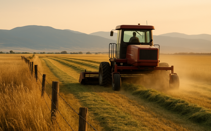 A swather cutting hay in a dry golden Montana field with mountains in the distance under a hazy summer sky