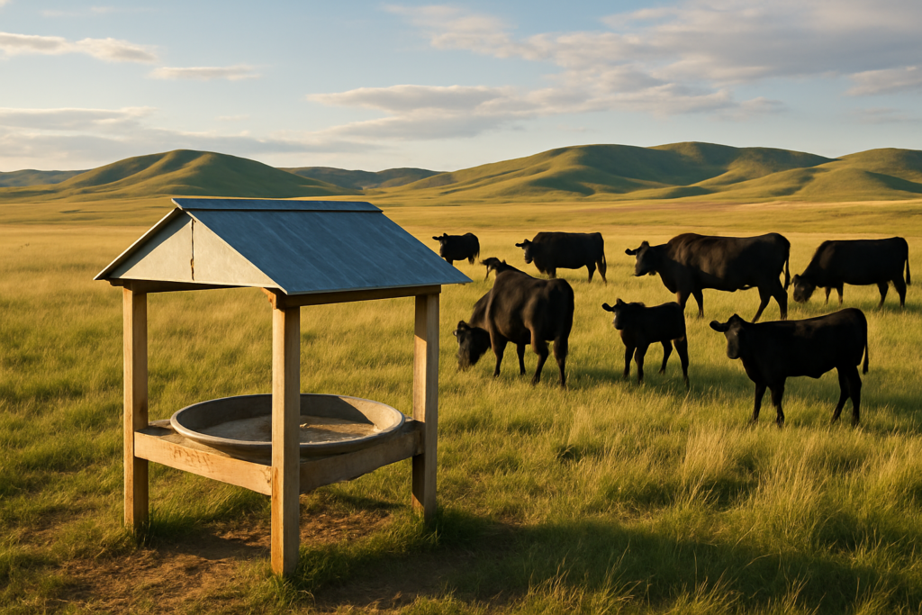 A covered mineral feeder on Montana summer rangeland with cattle grazing nearby under a wide sky